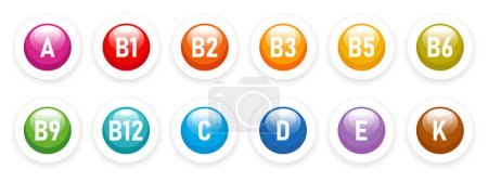 Illustration for Vitamin and mineral nutrition icons set. The concept of healthcare and medicine. Healthy food infographic. Vitamins a, B, b1, b2, b3, b5, b6, b9, b12, c, d, e, k - Royalty Free Image