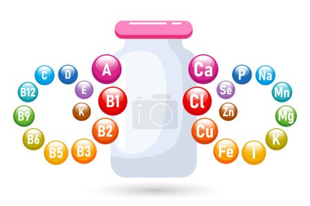 Illustration for Illustration of vitamin and mineral nutrition, healthy food. Medicinal bottle with minerals and vitamins. The concept of medicine and healthcare. Vector - Royalty Free Image