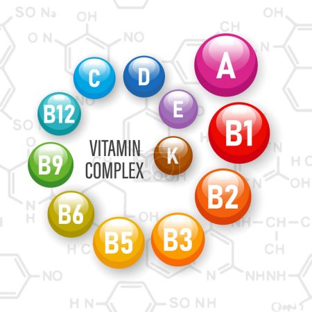 Gesunde Ernährung Vitaminkomplex.Illustration von Vitamin-Symbolen auf dem Hintergrund chemischer Formeln. Das Konzept der Medizin und Gesundheitsfürsorge. Vektor