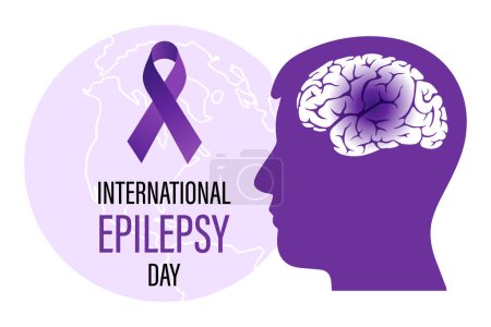 Día Mundial de la Epilepsia. Silueta humana, cerebro y cinta púrpura. Concepto de salud médica. Afiche de conciencia, banner, vector