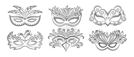 Masquerade carnival masks, outline drawing set. Illustration, sketch for coloring, vector