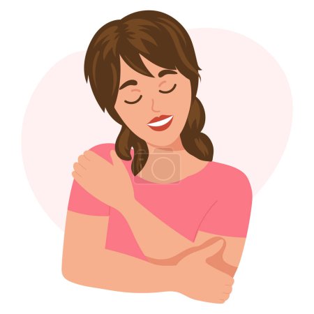 Ilustración de Love yourself. Nice woman hugging herself. Love your body concept. Find time for yourself. Vector illustration. - Imagen libre de derechos