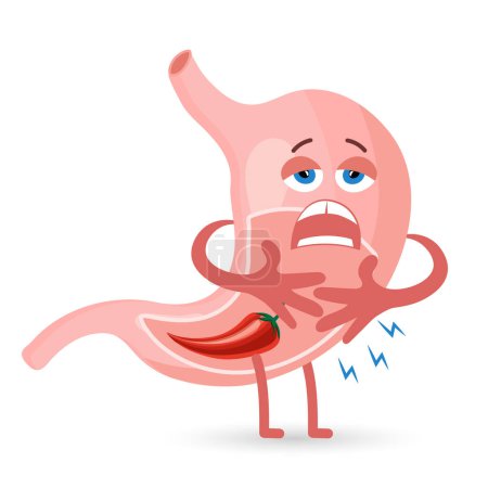 Ilustración de Unhealthy human stomach character is crying and suffering from pain. Food, stomach pain. Anatomy of the digestive system. Vector in flat style - Imagen libre de derechos