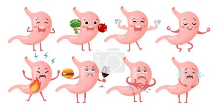 Illustration for Healthy and unhealthy stomach character icons set. Flat cartoon illustration. Digestive tract, healthy eating, sports, yoga, heartburn, bloating, heaviness, stomach concept. Medical icons - Royalty Free Image