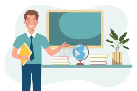 Téléchargez les illustrations : Male teacher in the classroom. The concept of school and learning, teacher's day. Vector, illustration in flat cartoon style - en licence libre de droit