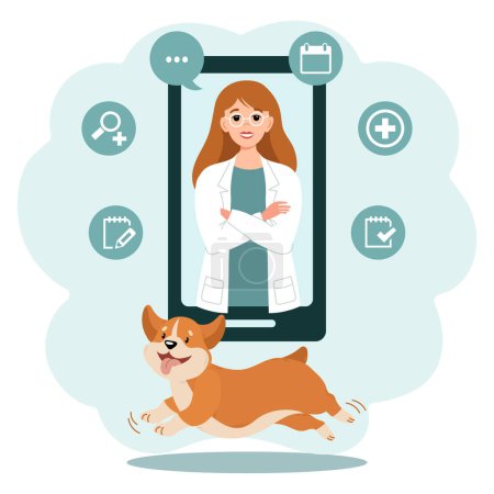 Veterinaria femenina en el teléfono y lindo perro corgi. Banner de sanidad animal. Ilustración de estilo plano, vector
