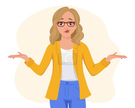 Illustration for Blonde girl with glasses with an expression of bewilderment, doubt raised her hands. Emotions and gestures. Flat style illustration, vector - Royalty Free Image