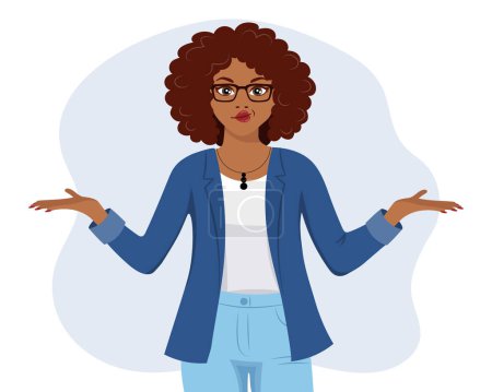 Illustration for A black woman in glasses with an expression of bewilderment, doubt raised her hands. Emotions and gestures. Flat style illustration, vector - Royalty Free Image