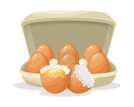 Illustration for Fresh eggs in a cardboard container and a broken egg, chicken eggs in a box. Food illustration, vector - Royalty Free Image