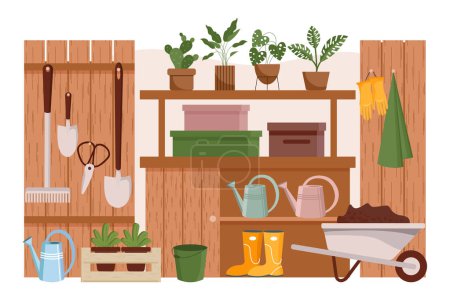 Illustration for Gardening and farming, interior. Garden tools, farmer's clothes, boots, gloves, wheelbarrow and plants on shelves and pedestals. Illustration, vector. - Royalty Free Image