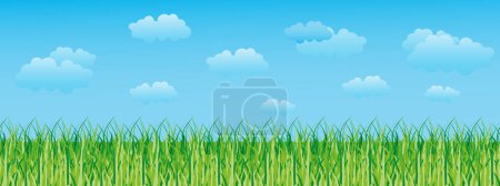 Téléchargez les illustrations : Seamless spring landscape with grassy field, sky and clouds. Copy space background, seamless border, vector. - en licence libre de droit