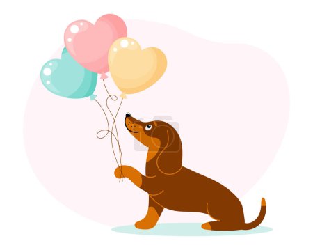 Cute dog dachshund character with heart shaped balloons. Birthday card. Cartoon style, vector