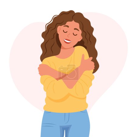 Love yourself. Nice young woman hugging herself. Love your body concept. Flat style illustration, vector
