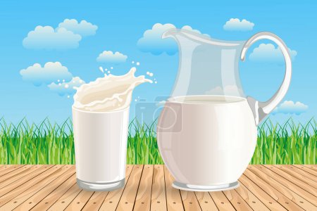 Un vaso de leche y una jarra de leche sobre una mesa de madera sobre el telón de fondo de un paisaje de verano. Póster, banner, ilustración, vector