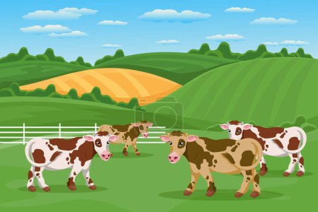 Belles vaches tachetées dans le pâturage, paysage d'été. Un troupeau de vaches paissent dans la prairie. Affiche, bannière, illustration, vecteur