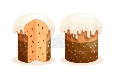 Easter cake set. Easter cakes with glaze, whole and cut. Easter icons, decor elements, vector