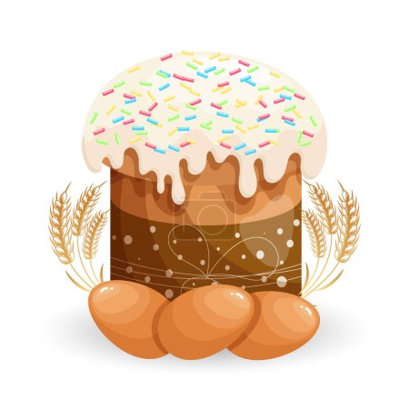 Easter cake with icing, wheat ears and Easter eggs. Colorful easter illustration, greeting card, vector