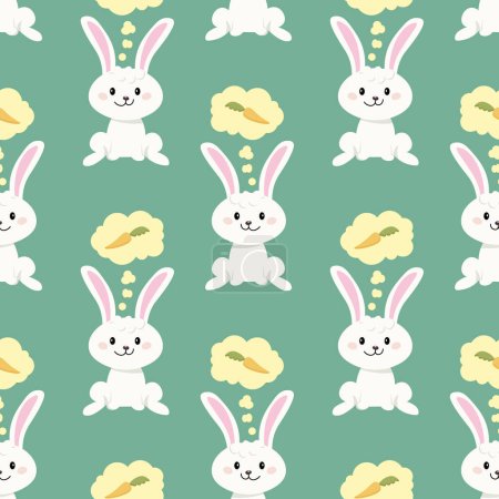 Seamless pattern, cute Easter bunnies with carrots on a green background. Children's print, background, textile, vector