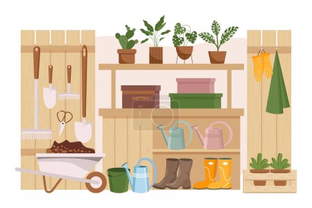 Illustration for Gardening room, interior. Garden tools, farm clothes, boots, gloves, wheelbarrow and plants on the shelves. Illustration, vector. - Royalty Free Image