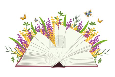 An open book with blank pages on a white background with wildflowers and butterflies. Illustration, poster, banner, vector