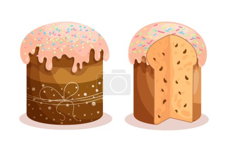 Illustration for Easter cake set. Cakes with icing, whole and sliced. Easter icons, decor elements, vector - Royalty Free Image