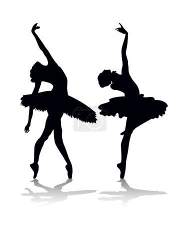 Black silhouettes of two ballerinas. Women ballerinas are dancing. Illustration, vector