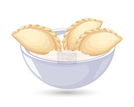 Illustration for Vareniki with sour cream in a bowl. Ukrainian national cuisine. Food illustration, vector. - Royalty Free Image