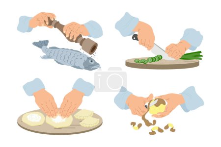 Illustration for Work in the kitchen, clipart set. Hands peel potatoes, cut onions, cook fish, make pies. Food illustration, vector. - Royalty Free Image