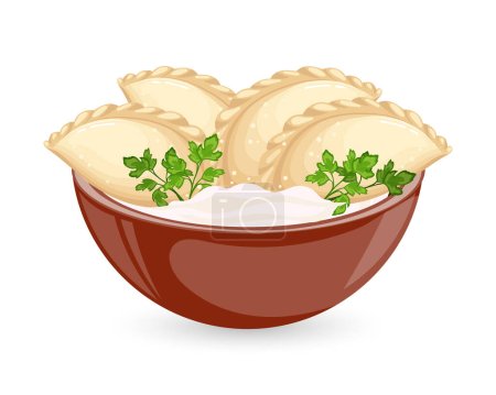 Illustration for Vareniki in a bowl with sour cream and herbs. Ukrainian national cuisine. Food illustration, vector. - Royalty Free Image