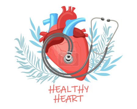 Illustration for Healthy human heart with a stethoscope on the background of leaves and flowers. The concept of medicine, human cardiology. Vector - Royalty Free Image