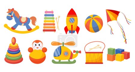 Téléchargez les illustrations : Ensemble de jouets colorés pour enfants. Fusée, poupée, pyramide, cheval à bascule, hélicoptère et tambour sur fond blanc. Jouets pour bébés icônes, vecteur - en licence libre de droit