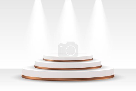 Ilustración de Podio blanco con adorno dorado para la presentación del producto sobre un fondo blanco. Ilustración 3D, vector - Imagen libre de derechos