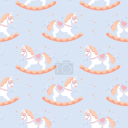 Illustration for Seamless pattern, cute rocking horses on a background with stars. Pastel colors. Baby shower background, baby textile, wallpaper, vector - Royalty Free Image