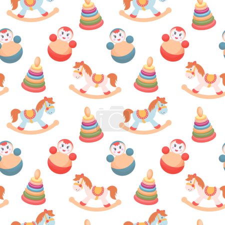 Illustration for Seamless pattern of colorful children's toys. Rocking horses, pyramids and captive dolls on a white background. Background for girls, print, vector - Royalty Free Image