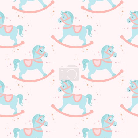 Illustration for Seamless pattern, cute rocking horses on a background with stars. Pastel colors. Baby shower background, baby textile, wallpaper, vector - Royalty Free Image