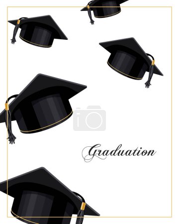 Illustration for Graduation banner with flying graduation caps. Design for graduate diploma, awards. Education concept.Vector - Royalty Free Image
