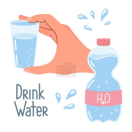 Ilustración de Beba más agua, botella de agua en la mano. Concepto de salud. Ilustración de estilo plano, vector - Imagen libre de derechos