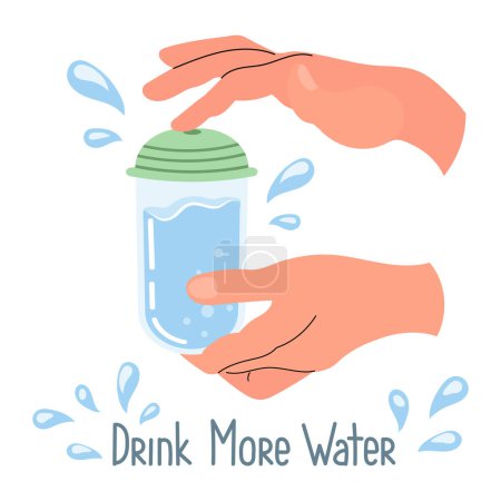 Ilustración de Beba más agua, botella de agua en la mano. Concepto de salud. Ilustración de estilo plano, vector - Imagen libre de derechos
