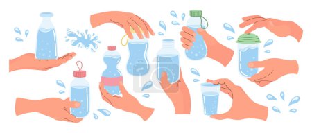 Ilustración de Las manos sostienen recipientes de agua. Vasos, botellas con agua limpia. Clipart set. Vector - Imagen libre de derechos
