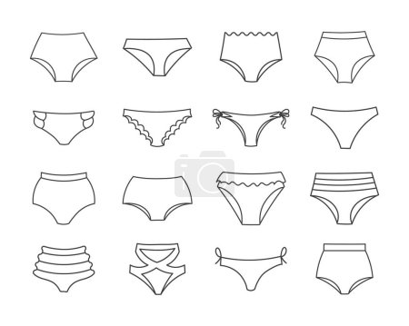 Conjunto de diferentes tipos de bragas de mujer, bañadores. Dibujo de línea, boceto, iconos, vector