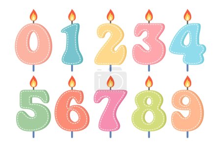 Ilustración de Conjunto de velas de números de colores para el cumpleaños, velas de pastel de cumpleaños lindo. Decoración de la torta para las vacaciones. Vector - Imagen libre de derechos