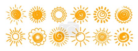 Téléchargez les illustrations : Mignonne collection de doodle soleil. Ensemble d'icônes en style dessiné à la main. Icônes solaires isolées sur blanc. Vecteur - en licence libre de droit