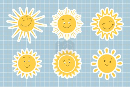 Set von niedlichen Zeichentrickfiguren Sonnen. Sonnige Emoticon-Kollektion für Kinder auf kariertem Hintergrund. Designelemente, Aufkleber, Druck