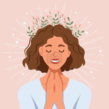 Illustration for Mental health Healthy mental state, self-love, self-care, self-acceptance. Happy woman with flowers and stars. Illustration, vector - Royalty Free Image