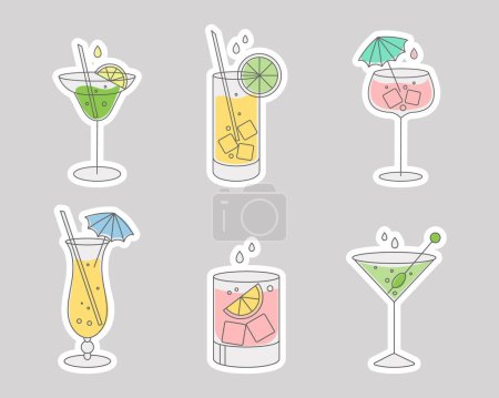 Set of stickers with refreshing fruit cocktails with various drinks, ice cubes, straws and umbrellas. Drink icons, cafe menu, vector