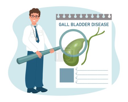 Ilustración de Un médico varón con una lupa examina las enfermedades de la vesícula biliar, el sistema digestivo. El concepto de ciencia y medicina. Vector - Imagen libre de derechos