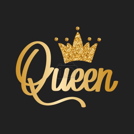 Queen, letteging with golden glittering crown on dark background. Calligraphic inscription, quote, handwritten inscription. Children's holiday print, vector