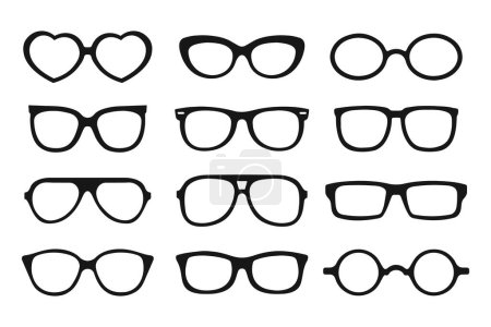 Téléchargez les illustrations : Un ensemble de lunettes de soleil. Silhouettes noires de montures pour lunettes homme et femme. Icônes, vecteur - en licence libre de droit