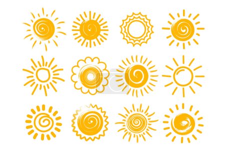 Téléchargez les illustrations : Mignonne collection de doodle soleil. Ensemble d'icônes en style dessiné à la main. Icônes solaires isolées sur fond blanc. Vecteur - en licence libre de droit