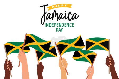 Illustration for Jamaica Independence Day. Multiracial hands with Jamaica flags. Jamaica Independence Day banner. Illustration, poster, vector - Royalty Free Image